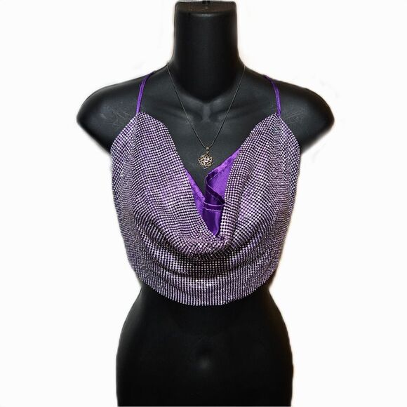 Purple Rhinestone Halter‎ Crop Top - Picture 1 of 9